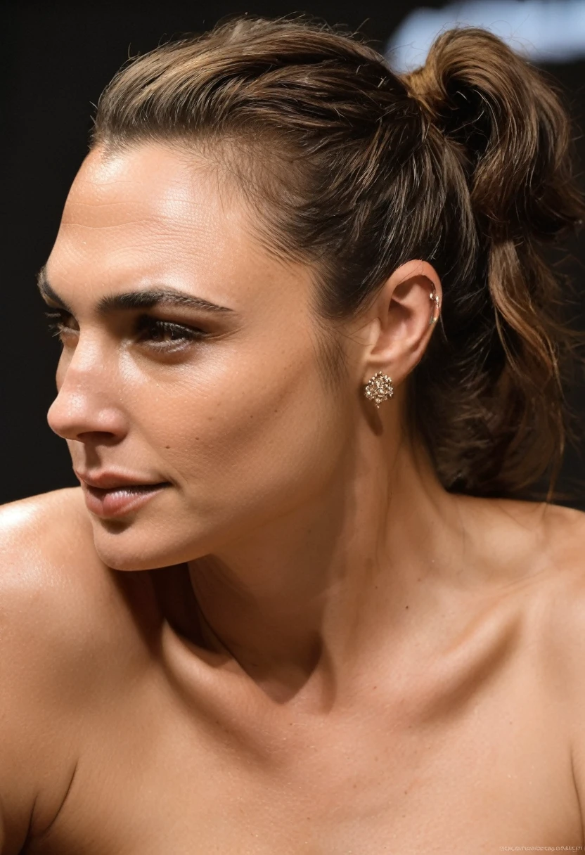  high quality  Erotic shot  (galxgadt, pony , GalGadot, pale white skin tone ,(hail33 woman, long brown hair, long brown hair pulled back, hair bun ) photorealistic ) celebrity erotic photograph , nude, topless, oily skin ,tall figure ,  erotic photoshoot , fit muscular figure , exhausted look, , wet, shiny sweaty skin ,   erotic lighting , celebrity, female,  woman, hollywood actress,  fleshy muscular woman  , ( perfect anatomy ,natural lights, depth of field, insanely detailed skin texture, hyper detailed features, hyper photorealistic texture  )