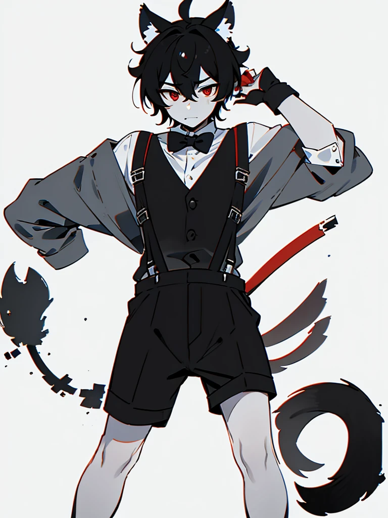 boy short messy black hair and red eyes,wildcat ears and tail,white shirt with suspenders and short black shorts with long tie 