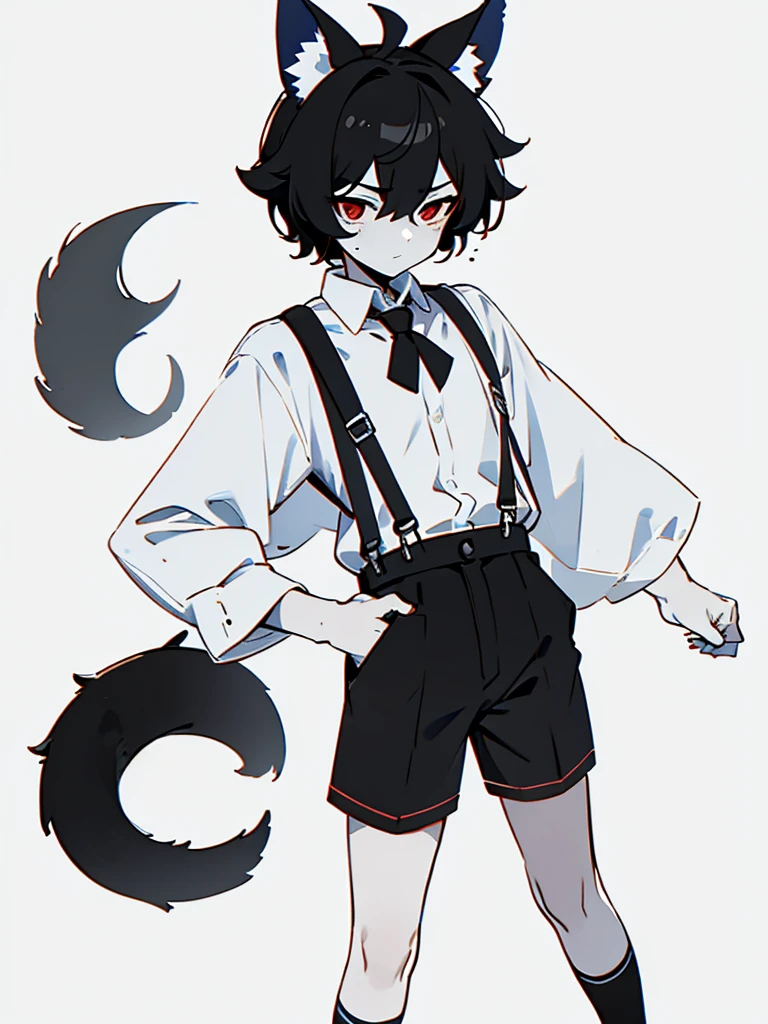 boy short messy black hair and red eyes,wildcat ears and tail,white shirt with suspenders and short black shorts with long tie 