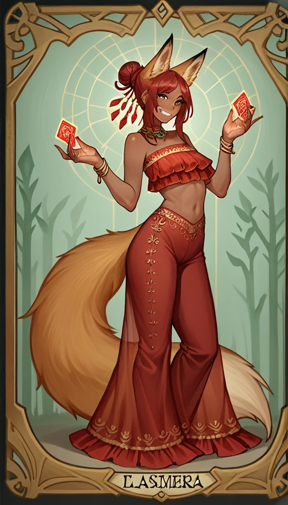 score_9, score_8_up, score_7_up, score_6_up, score_5_up, score_4_up, 
female, (fox:1.2), animal ears, animal tail, holding (2 red magic Crystals on hands), (hands_up) , jewelery, hair_bun, dark_skin, dark_skinned_female, red hair, brown eyes, eyelashes, smile, frills, (Translucent croptop, arabic pants),
Full body standing painting, (((solo))), Simple line design, ((tarot card background, symmetric beauty)), perfectly symmetrical, The art of symmetry, Standing drawings of characters, ((flatcolors)), tmasterpiecetop Qualities qualtiy