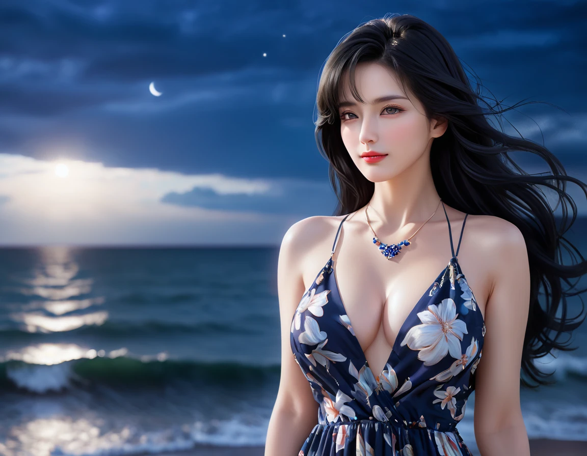 4K resolution,8K resolution,beautiful,Highest quality,Absolutely wonderful,Very detailed,Ultra-high resolution,masterpiece,(Realistic:1.5),(Realistic:1.5),Increased depth of field,Cinematic Light,
One elegant mature woman,
Long black hair,精巧なディテールのbeautiful顔,A face full of compassion,Moist eyes,Transparent white skin,Very sensitive skin,Great proportions,Glamorous Body,Anatomically correct body,
Elegant Summer Beach Dress,Cool design,Gorgeous and detailed pattern,Beautifully detailed pattern,Detailed cloth texture,Gorgeous necklace romantic seaside scenery,Dark night sky,Coastline stretching to the horizon,Deserted beach,Dark sea surface,
Cinematic Angle,