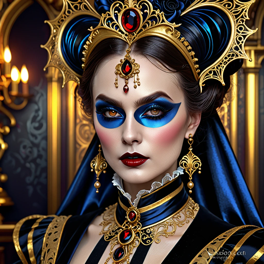 Victorian vampire makeup, in the style of striped painting, mystic art,
intricately textured, colorful costumes, mixed the style of futuristic
glamour and rococo-inspired art, bold and busy, gold and black, gloomcore,
intricate artwork masterpiece, golden ratio, trending on cgsociety,
intricate, epic, trending on artstation, 
unreal engine, 8k, hdr