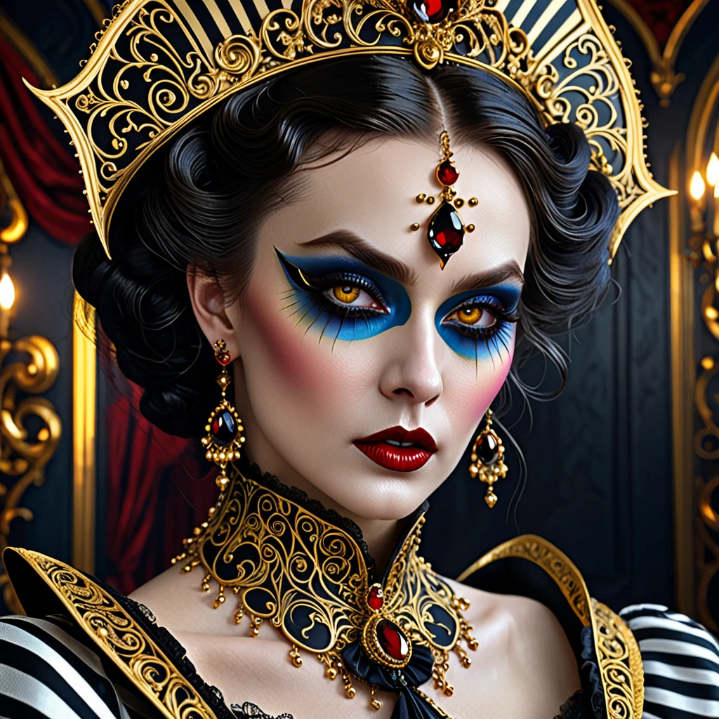 Victorian vampire makeup, in the style of striped painting, mystic art,
intricately textured, colorful costumes, mixed the style of futuristic
glamour and rococo-inspired art, bold and busy, gold and black, gloomcore,
intricate artwork masterpiece, golden ratio, trending on cgsociety,
intricate, epic, trending on artstation, 
unreal engine, 8k, hdr