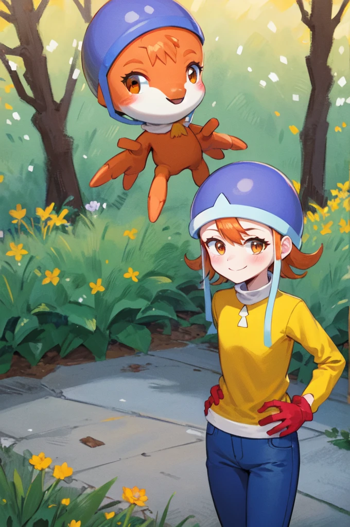 masterpiece, Highest quality, High resolution,
Soladef, One girl, alone, blush, smile, short hair, Orange Hair, Helmet, Orange eyes, Digimon,
yellow shirt, shirt, No sleeve, pants, jeans, Red gloves,
Cowboy Shot, View your viewers, Upright immobile posture, Outdoor, Grass, Field, forest, sunlight, null, blue null, 