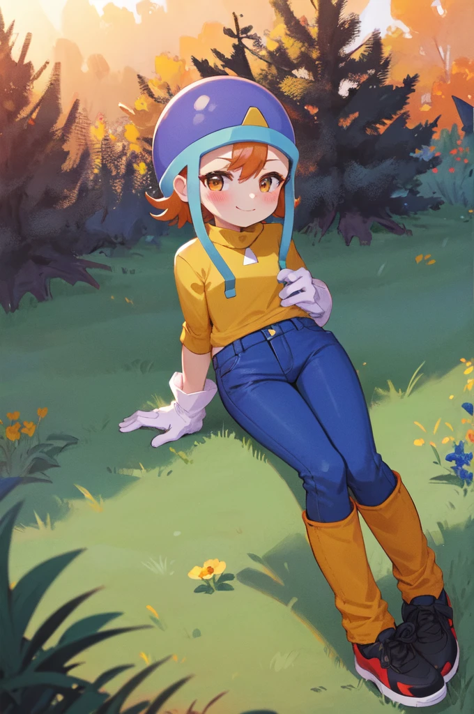 masterpiece, Highest quality, High resolution,
Soladef, One girl, alone, blush, smile, short hair, Orange Hair, Helmet, Orange eyes, Digimon,
yellow shirt, shirt, No sleeve, pants, jeans, Red gloves,
Cowboy Shot, View your viewers, Upright immobile posture, Outdoor, Grass, Field, forest, sunlight, null, blue null, 