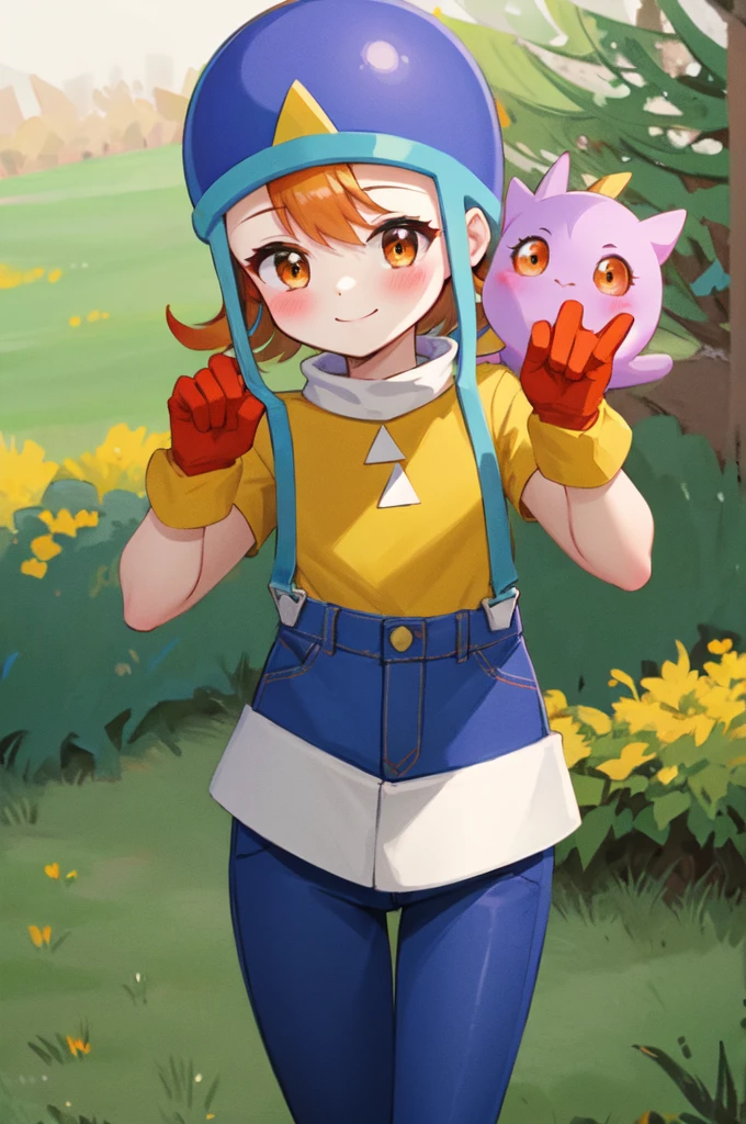 masterpiece, Highest quality, High resolution,
Soladef, One girl, alone, blush, smile, short hair, Orange Hair, Helmet, Orange eyes, Digimon,
yellow shirt, shirt, No sleeve, pants, jeans, Red gloves,
Cowboy Shot, View your viewers, Upright immobile posture, Outdoor, Grass, Field, forest, sunlight, null, blue null, 