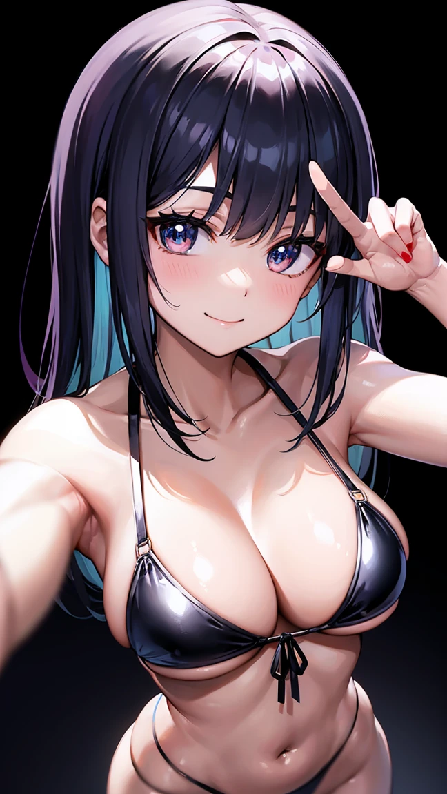 One beautiful woman、The image shows her posing in front of a black background.。She has been photographed in cowboy shots.、Four fingers holding up a peace sign。Her long black hair was cut with straight bangs.、Her dark eyes sparkle with charm。She is wearing a metallic bikini、Large breasts are emphasized。Her skin is glowing、Extremely detailed and precisely drawn。She is making a peace sign、With a smile、Looking at the camera。The image is in 8K high resolution.、Cinematic and dynamic lighting is used.、Very detailed and beautiful。
