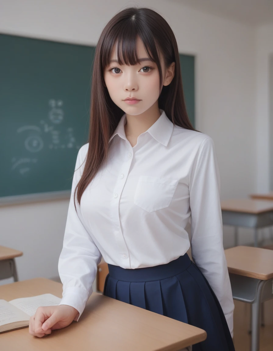 score_9, score_8_up, score_7_up, best quality, masterpiece,realistic eye, big breasts, japanese girl, , Classroom, high School, (long sleeve white shirt:1.4)