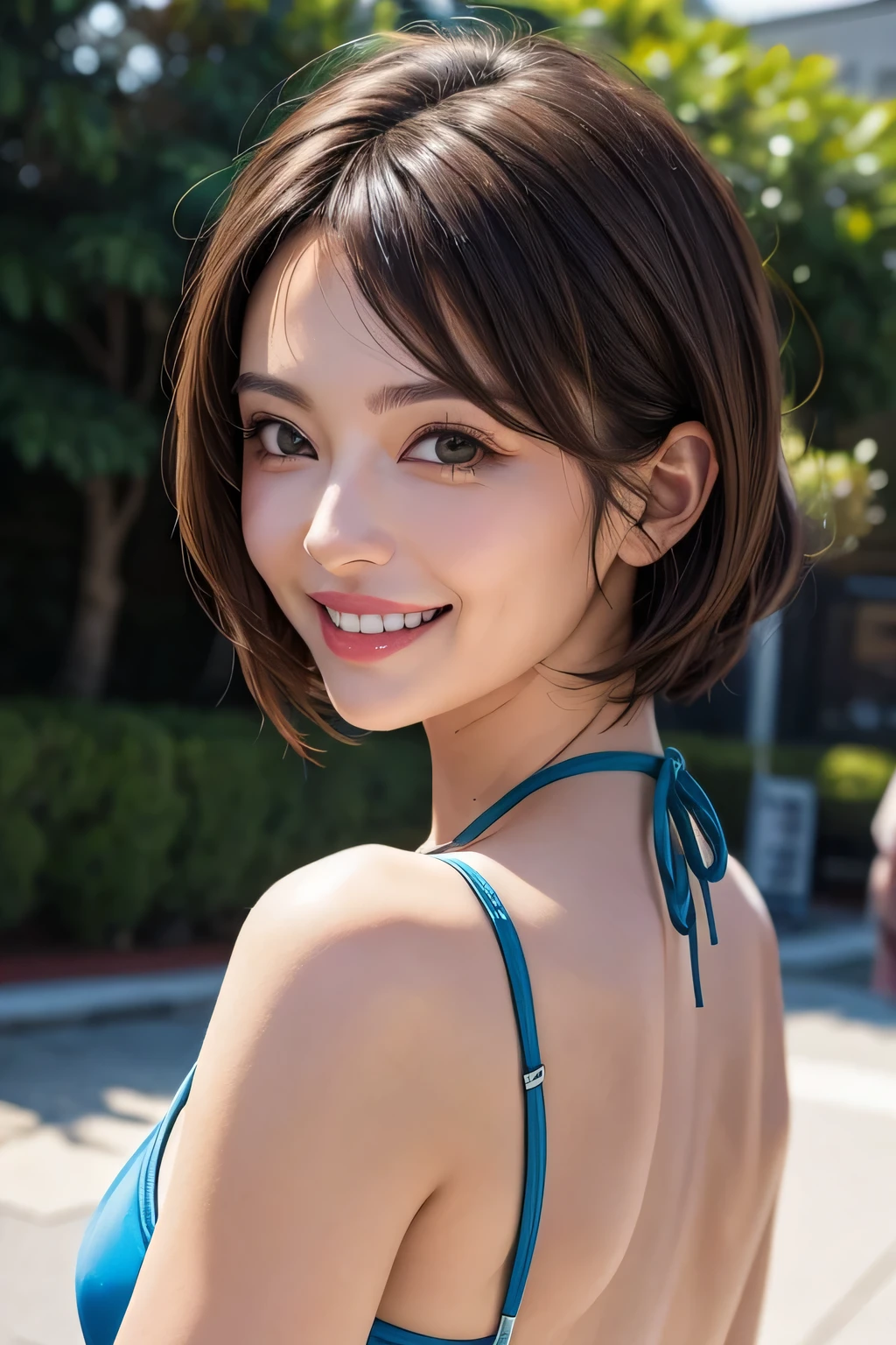 ((masterpiece)), ((Highest quality)), ((Complex)), (Realistic), (Very detailed), (1 female), Middle age, Beautiful and detailed, (Beautiful Teeth), double eyelid, eyelash, Grin, Brunette Bob Hair, Brown eyes, (bikini), (background: none), backgroundぼかし, Perfect Eyes, Captivating eyes, Looking at the audience, from before