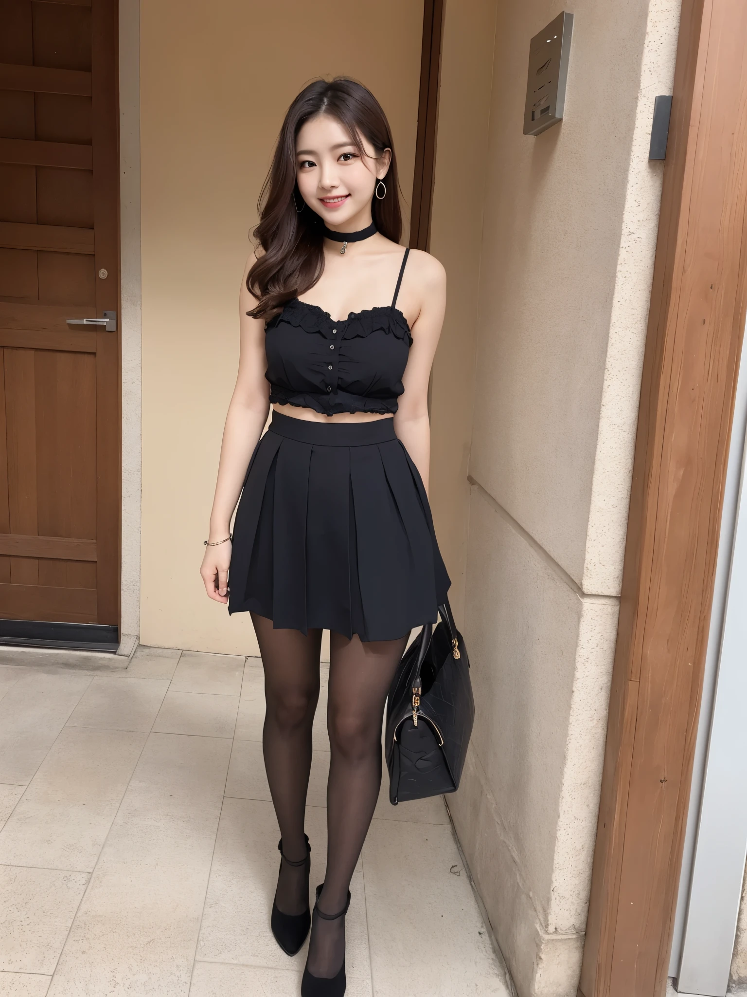 ulzzang-6500-v1.1,(RAW Photos:1.2), (Realistic), Beautiful detailed girl, (Genuine: 1.4), Very detailedな目と顔, Beautiful attention to detail, (majestic style, sophisticated and elegant, holy and mysterious:1.2),(wearing ball gown dress:1.2), (Ultra-realistic pantyhose:1.3, Black Choker)、 (A very loving smile:1.2)、Huge file sizes, High resolution, Very detailed, Highest quality, [masterpiece:1.6], An illustration, Very detailed, Ticker, Fine details, Highest quality, 8k wallpaper, Cinema Lighting, 1 Girl, 17 years old, Perfect figure, Cute droopy eyes、Beautiful big eyes、 ((masterpiece)), Highest quality, 1 Girl, eye shadow, Upper body, Portraits, ((Full Body Shot:1.4))、