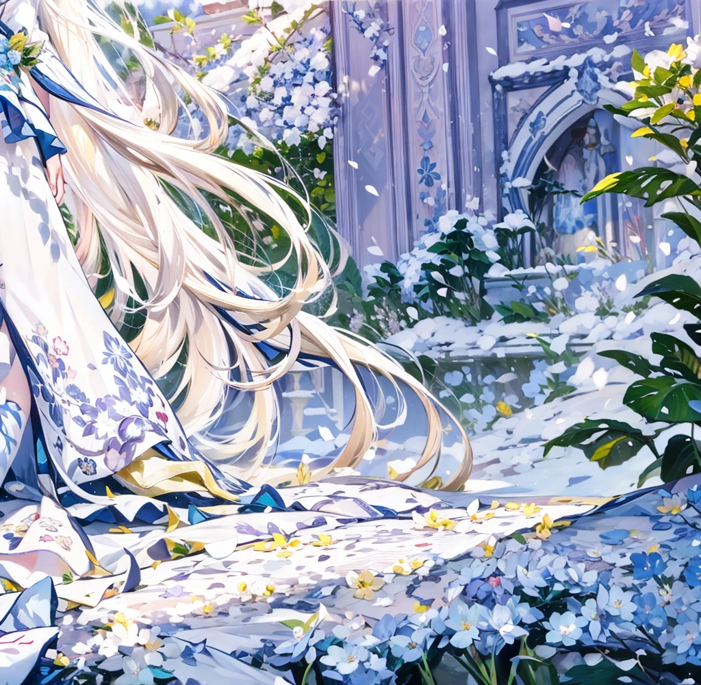 ((best quality,masterpiece,Extremely complex and exquisite details)),White long straight hair,(Correct hand anatomy),(Exquisite light blue and white clothing,Beautiful bright and exquisite snow white ancient style high transparent architectural background),(Rose,Snow,Falling Flowers,Majestic and elegant outdoors)