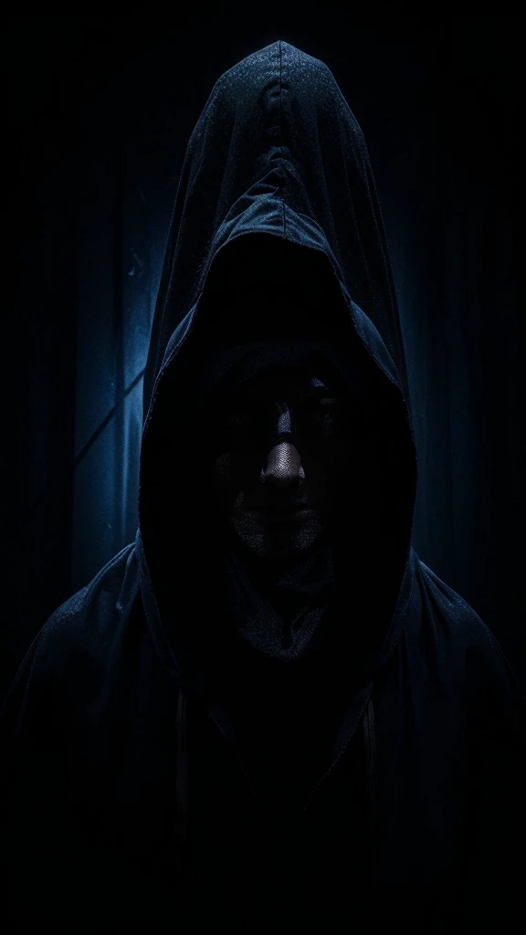 Cloaked Figure: Dark silhouette of a hooded figure, with minimal detail on the face to maintain mystery. Lighting: A soft light effect coming from behind or above, creating an aura around the figure.