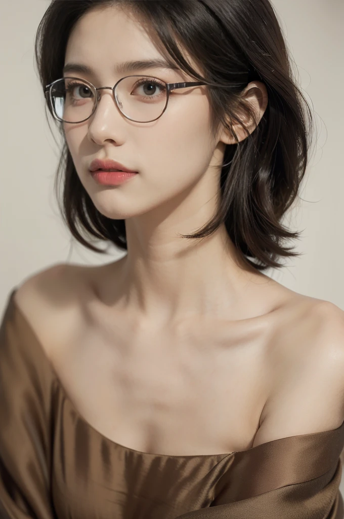 (((best quality))),(((ultra detailed))),(((masterpiece))),illustration,(close-up of face:1.3),((1 beautiful girl,solo)),(shoulder-length straight bob hair:1.2),(confused eyes:1.3),((slim,thin,small breasts,flat chest)),severe myopia,(glasses:1.3),halter top,white wall,dim lighting,gaze,delicate collarbone,smooth skin,intellectual air,vision impairment,contrast,hauntingly beautiful,testament to resilience,(darkness:1.3)