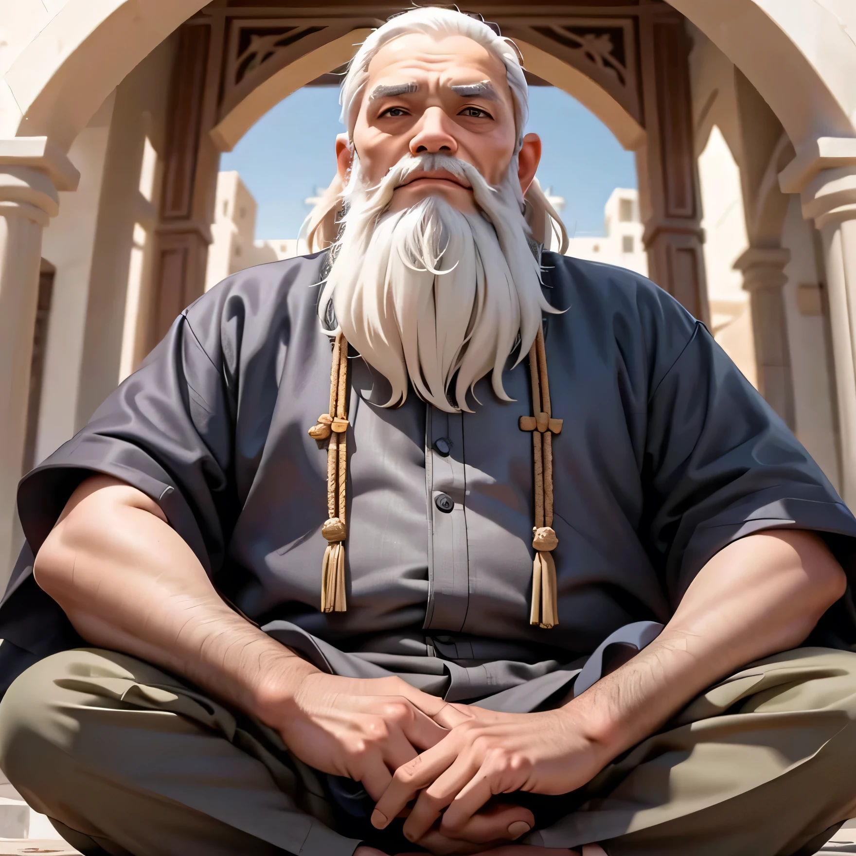 A wise old man in Arab clothes, long beard, sitting in a meditation position, looking directly at camera