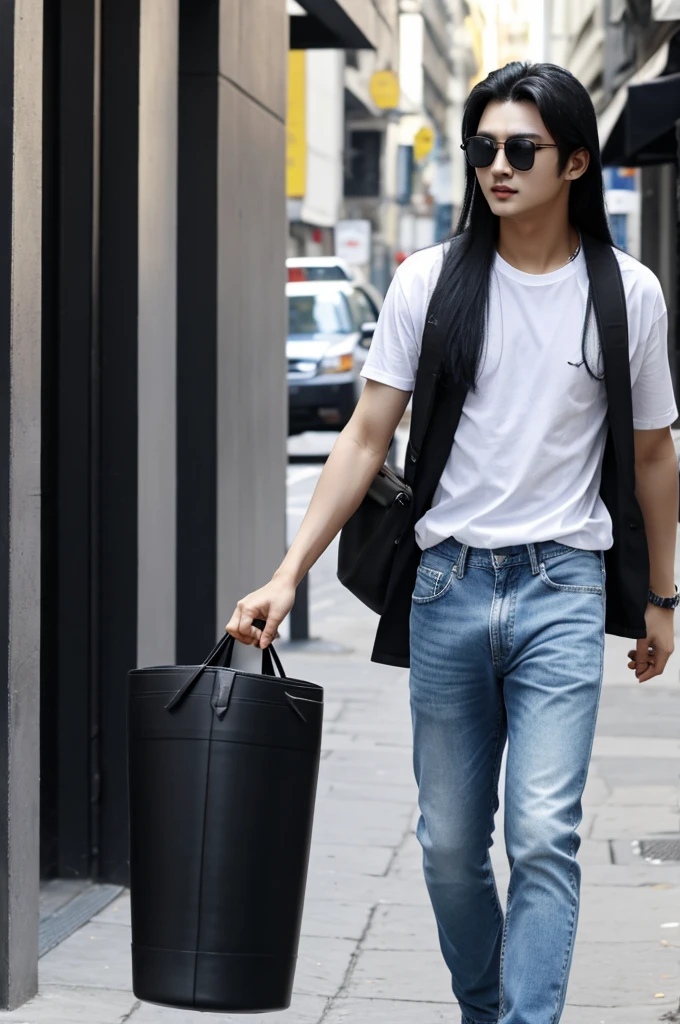 Hwang hyunjin, long black hair, white t shirt, blue jeans, sunglasses, street