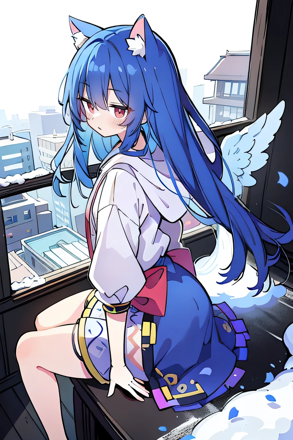 (masterpiece:1.2),Super detailed,lifelike,Expressive eyes,fair skin,perfect face shape,1 girl,
Japanese comics,Gorgeous blue hair,flowing blue hair,flowing clothes,Cat ears,Petals fall,beautiful lola,Baby Angel,
Shaking head with one hand,Cross your legs,Gentle and peaceful background,The pavilion is cool and comfortable,smile, wearing hoodie, background of tokyo,back views,snowing, winter,Angel wings,The world is open,shameful expression。
