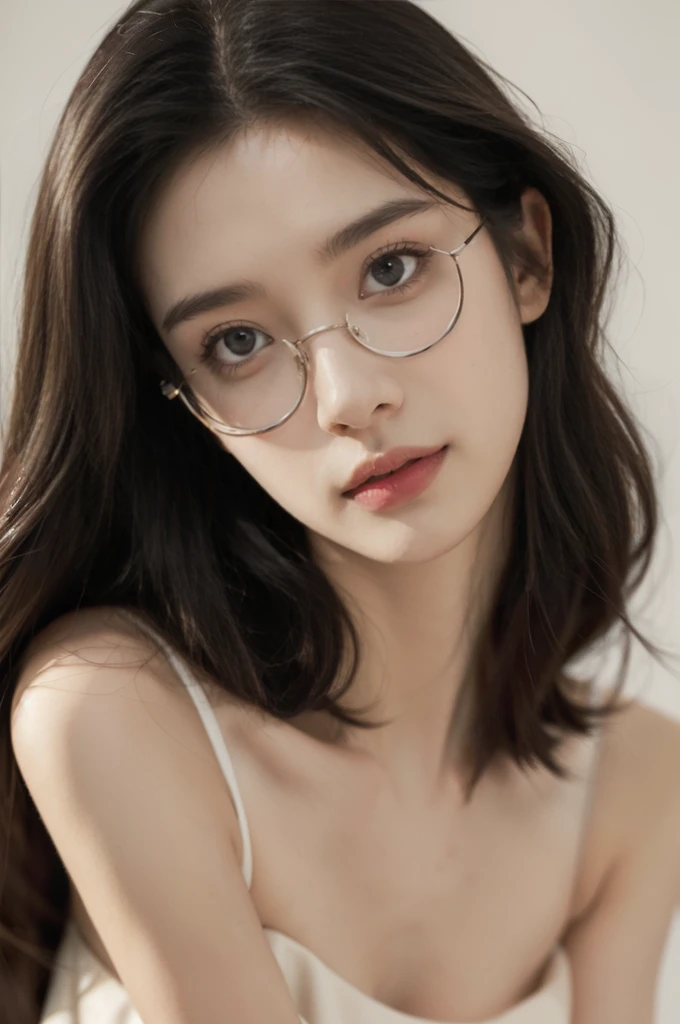 (((best quality))),(((ultra detailed))),(((masterpiece))),illustration,(close-up of face:1.3),((1 beautiful girl,solo)),(shoulder-length straight bob hair:1.2),(confused eyes:1.3),((slim,thin,small breasts,flat chest)),severe myopia,(glasses:1.3),halter top,white wall,dim lighting,gaze,delicate collarbone,smooth skin,intellectual air,vision impairment,contrast,hauntingly beautiful,testament to resilience,(darkness:1.3)