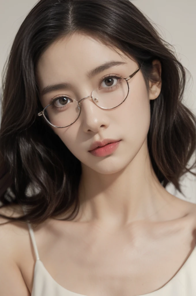 (((best quality))),(((ultra detailed))),(((masterpiece))),illustration,(close-up of face:1.3),((1 beautiful girl,solo)),(shoulder-length straight bob hair:1.2),(confused eyes:1.3),((slim,thin,small breasts,flat chest)),severe myopia,(glasses:1.3),halter top,white wall,dim lighting,gaze,delicate collarbone,smooth skin,intellectual air,vision impairment,contrast,hauntingly beautiful,testament to resilience,(darkness:1.3)