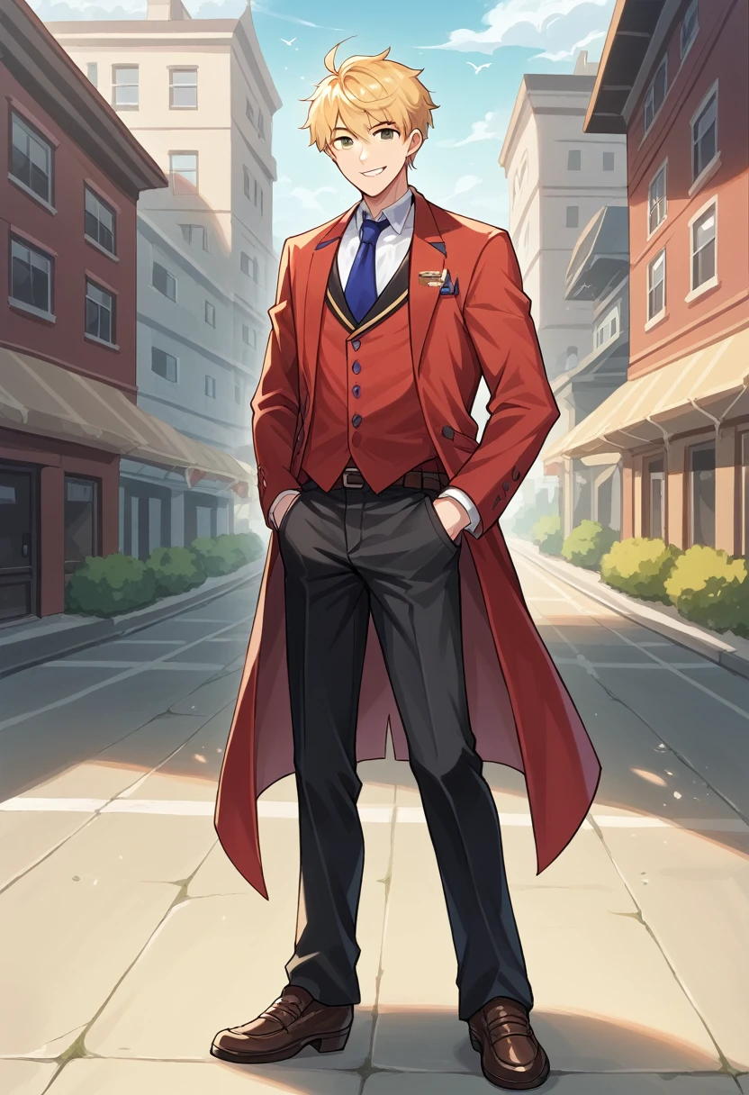 score_9, score_8_Excellent, score_7_Excellent, sauce_Anime BREAK 1 Boy, alone, Male Focus, Part 1 Lian, Blonde, , Red Blazer, tie, Black trousers, Outdoor, Are standing, Put your hands in your pockets, View your audience, smile