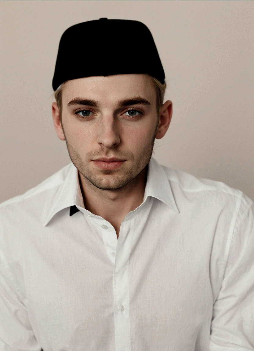 arafed portrait of a man with a black hat and white shirt,