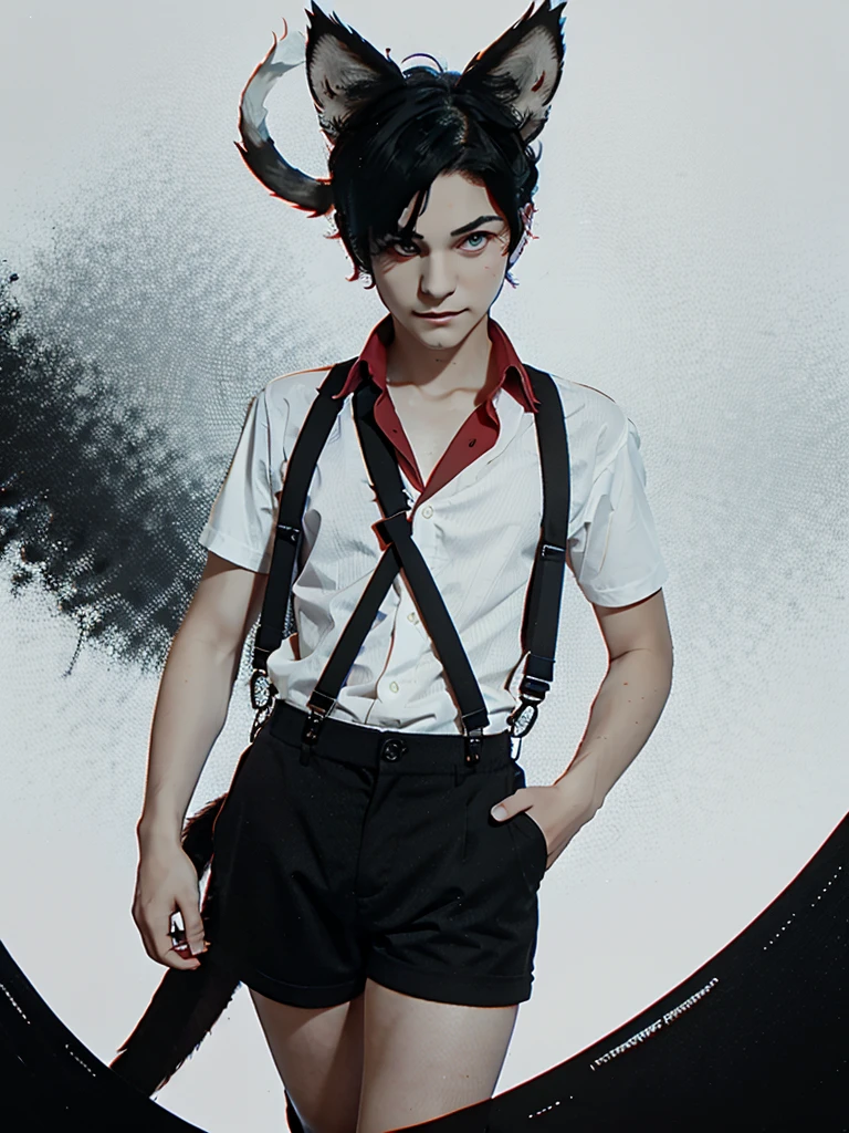 boy short messy black hair and red eyes,wildcat ears and tail,white shirt with suspenders and short black shorts with long tie