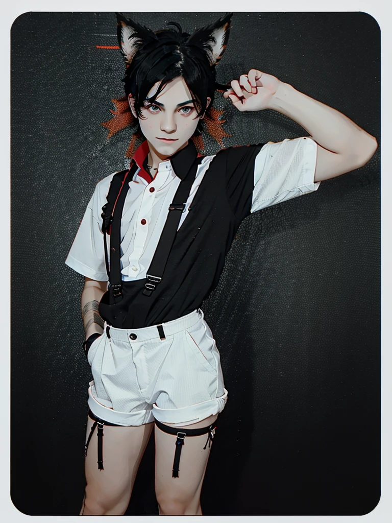 boy short messy black hair and red eyes,wildcat ears and tail,white shirt with suspenders and short black shorts with long tie