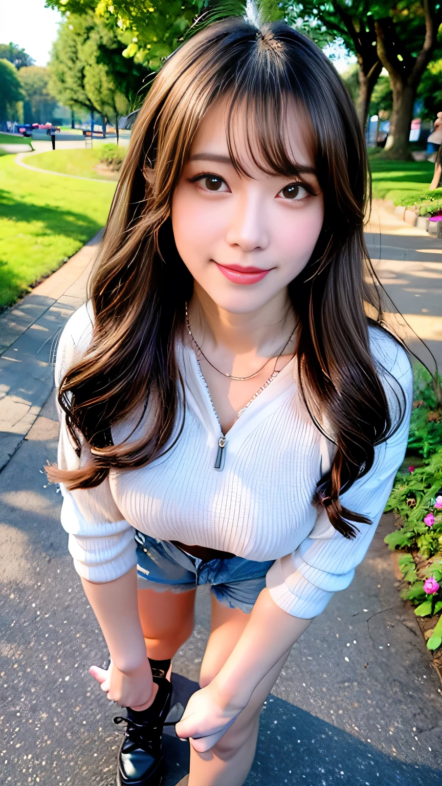 seed:4195271995,((Full Body Angle:1.１)),((Highest quality, 8K, masterpiece: 1.3)), concentrated: 1.2,Front hair:1.3, Cute girl 1,Nipples erect、 Perfect beauty: 1.4,Colorful ribbed knit half-zip T-shirt、Shorts,: 1.2,Randall Color、comics＆Text Graphics、Black,1.1, Highly detailed face and skin textures, Fine grain, double eyelid, whitening skin, ,Highest quality,Ultra-high resolution,you,1 girl,alone,_Shiny_skin,Iris,necklace,((brown_length_Wavy_hair)),(lips)),eyelash,Front hair,deal with,compensate,Shiny,pore,skin big breasts、(smiling face)、Front hair、Walking in the park、walk