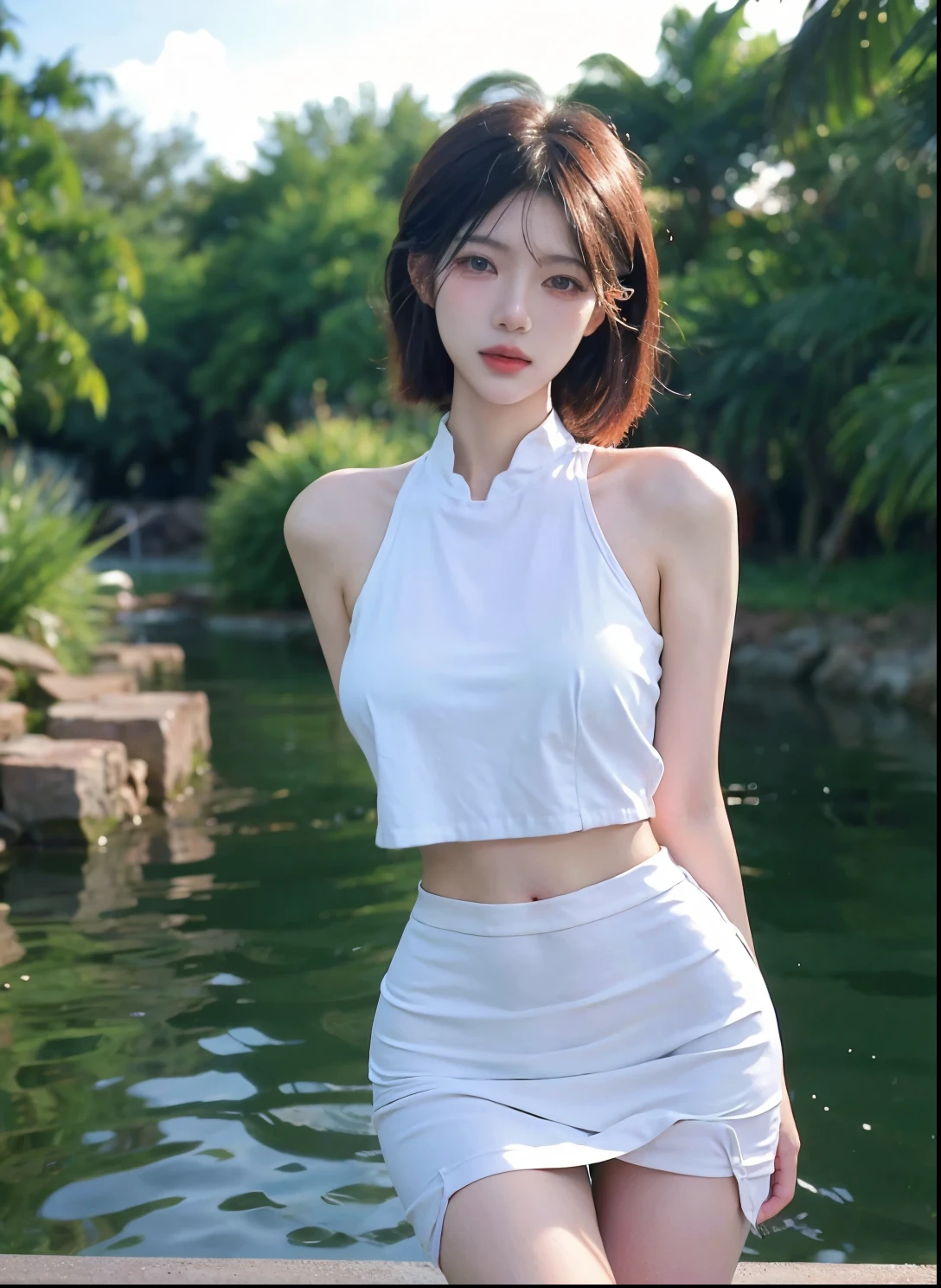 Beautiful woman with perfect figure:1.4，Swimming background，Desert Background，Ultra-high resolution，Seductive laughter，wear glasses，White legs，（lifelike：1.4），Layered Hairstyle，White skin，Black mini pleated skirt，whole body，Very delicate face and skin texture，Double eyelids，Skin Whitening，Long hair，White hair，White，