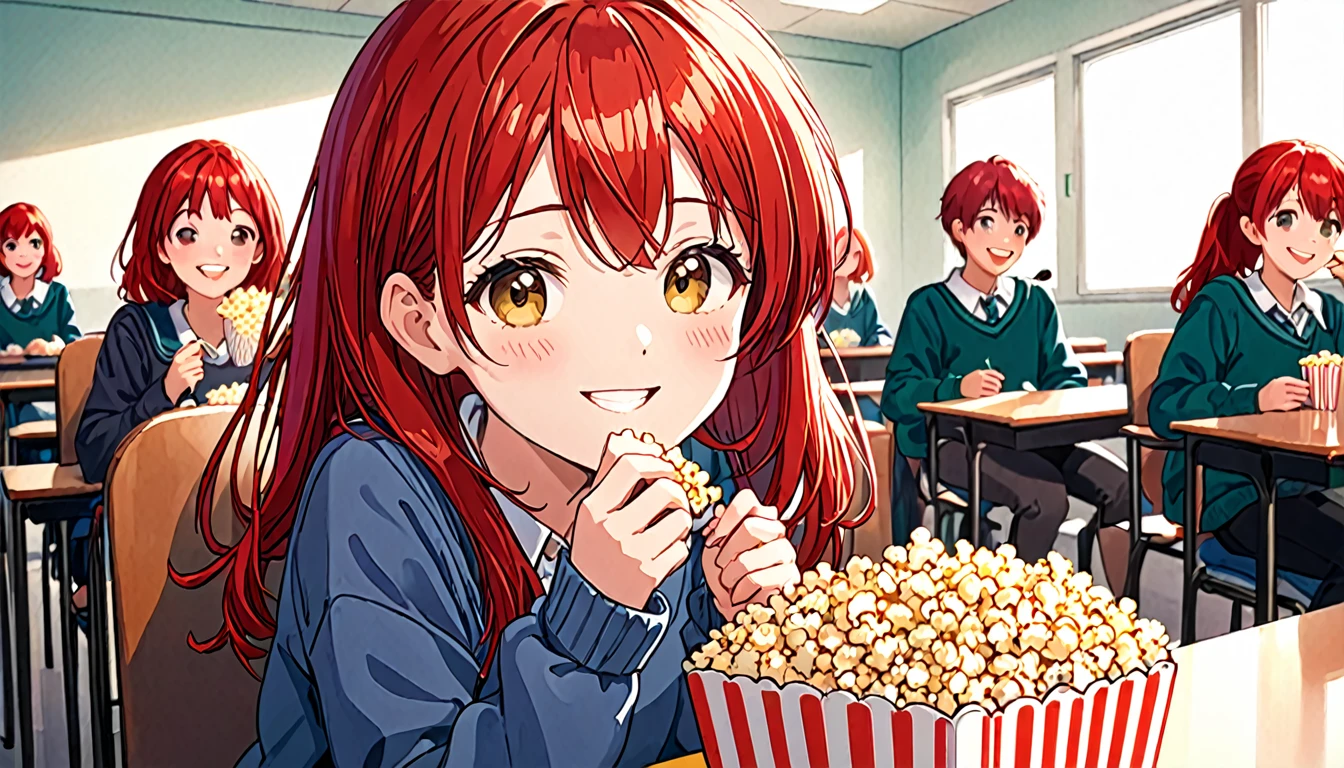 cute girl, 18 years, eating popcorn , smiling, red hair, class room,