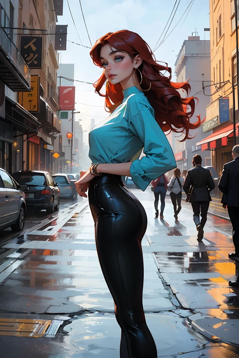 Goddess ((goddess-like woman)), slim, elegant silhouette, masterpiece, (close angle), best quality, cute face, (masterpiece:1,2, best quality), (real picture, intricate details), ( 1 lady, solo, medium tits, narrow waist, (long hair), a woman with long hair, red hair, long wavy red hair, green eyes, she has an impressive presence., bracelet, hoop earrings, jewelry, beautiful face, beautiful eyes, she looks the Looking at viewer, she is wearing a blouse and black pants, high heel boots, sweet irresistible smile, elegant pose, elegant hands, beautiful hands, perfect fingers, background: she is standing in a big city, a busy city, a dance club, outside, blue sky,