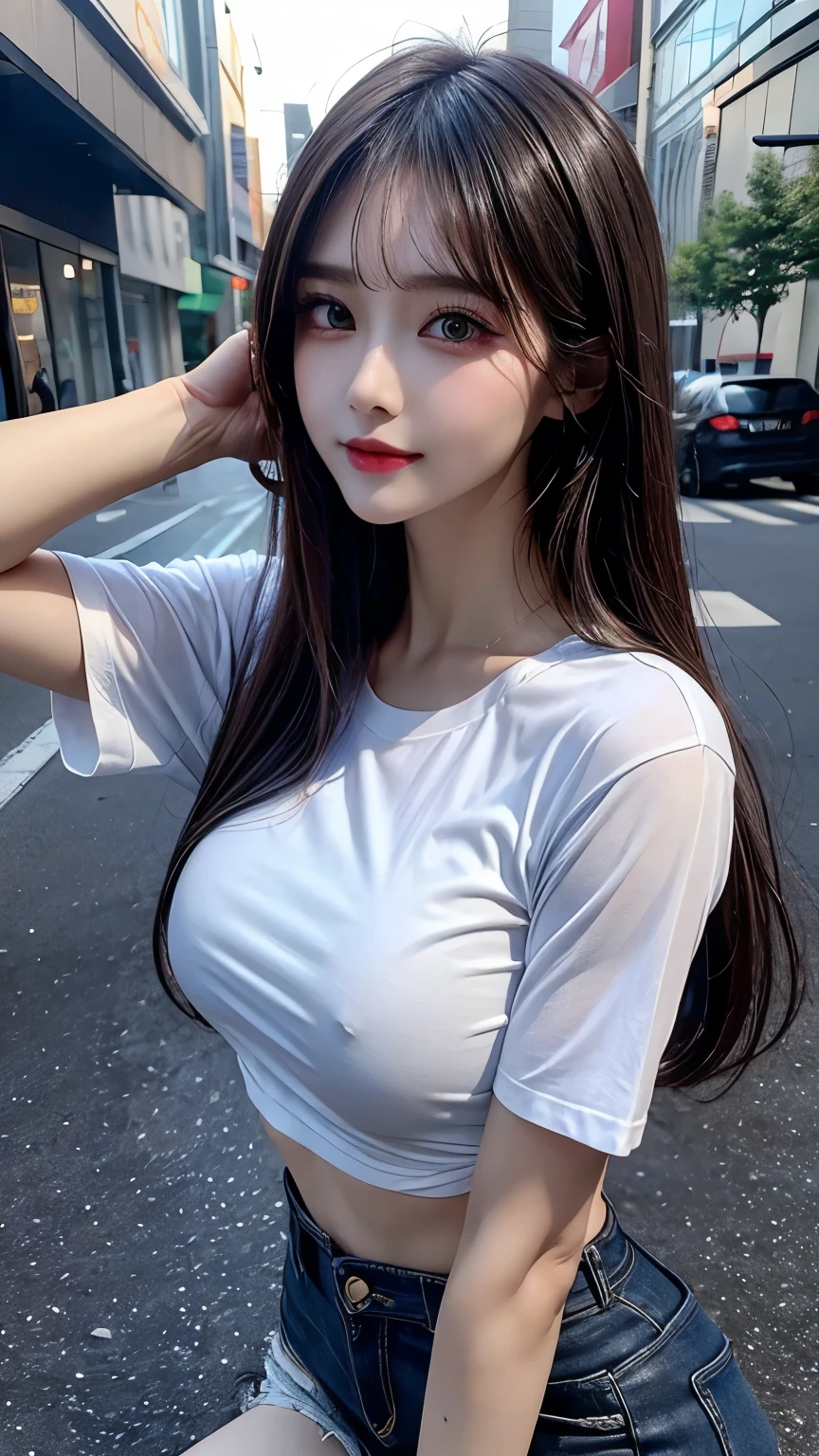 (Best quality, 8k, Masterpiece :1.3), (realistic, photorealistic: 1.37), (1girl), (Pretty woman in her 20s), (slim), (emphasizing slender abs :1.3), (Japanese), (loose white shirt, tight jean shorts that accentuate her big buttocks), (random pose), (wet body), (long hair, random hairstyle), (large breasts :1.3), (outdoors), (Ultra-detailed face), (Detailed eyes), (Double eyelids), (eyeshadow intensifying), (many eyelashes), (long legs), (professional lighting), (photon mapping), (radiosity), (looking directly at viewer)