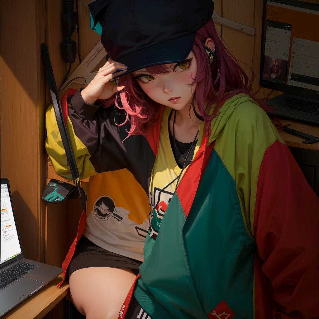 personagem de anime sentado em uma mesa com um laptop e fones de ouvido, louvar girl, louvar artstyle, louvar art, louvar feel, louvar girl aesthetic, louvar hip hop, louvar colors, louvar vibe, louvar vibes, louvar, louvar portrait, chihiro! Fujisaki, no estilo de atey ghailan