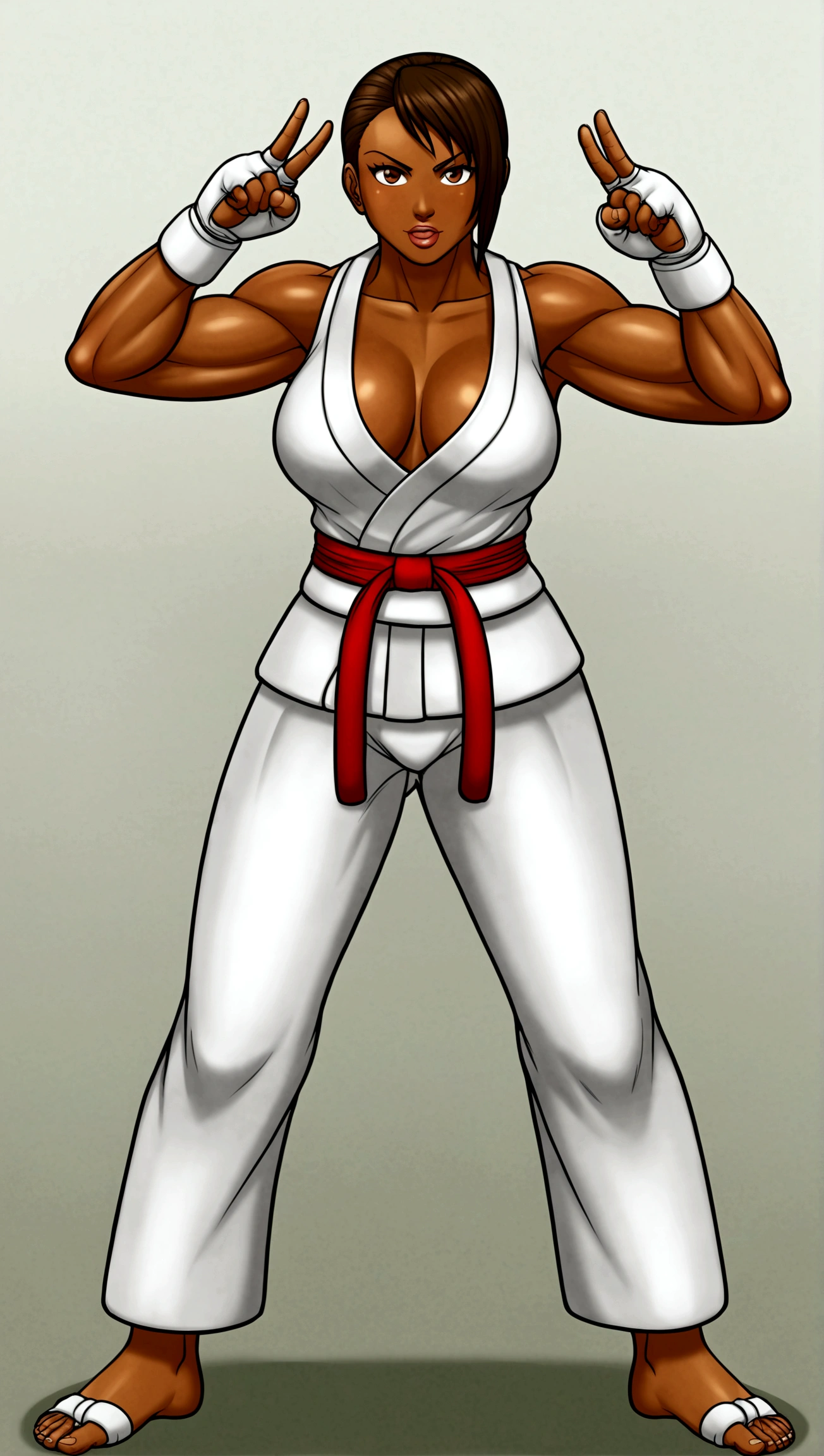 Beautiful woman、 ((Open Finger Gloves, Five Fingers)), (((Women&#39;s Mixed Martial Arts, Martial Arts)))、Fighter、Professional wrestler、Brown Skin、Rin々Funny face、Fighting Pose、One Woman、Pro Wrestling Love