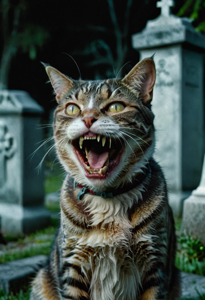 A zombie cat laughs at the camera, very detailed, photorealistic, night in the cemetery, creepy atmosphere, Cinematic, Masterpiece, half body portrait, dramatic shadow evocative analog film noise, half body portrait, cinematic, movie still, captured in the style of Sony Alpha A7 III camera