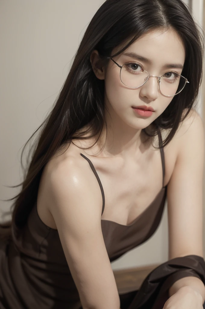 (((best quality))),(((ultra detailed))),(((masterpiece))),illustration,(close-up of face:1.3),((1 beautiful girl,solo)),(shoulder-length straight bob hair:1.2),(confused eyes:1.3),((slim,thin,small breasts,flat chest)),severe myopia,(glasses:1.3),halter top,white wall,dim lighting,gaze,delicate collarbone,smooth skin,intellectual air,vision impairment,contrast,hauntingly beautiful,testament to resilience,(darkness:1.3)