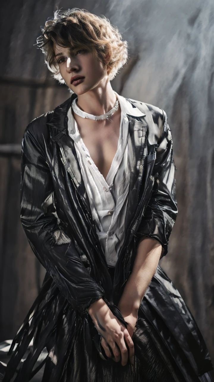 1boy, bangs, belt, black jacket, black pants, blood, bound, bound wrists, blonde hair, chain, chained, collared shirt, cuffs, cuts, formal, handcuffs, injury, jacket, kneeling, long sleeves, looking at viewer, male focus, open clothes, open shirt, pants, parted lips, red eyes, shirt, short hair, solo, suit, torn clothes, torn shirt, white shirt