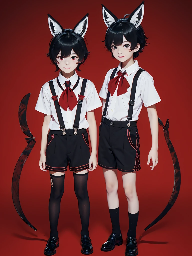 boy short messy black hair and red eyes,wildcat ears and tail,white shirt with suspenders and short black shorts with long tie 