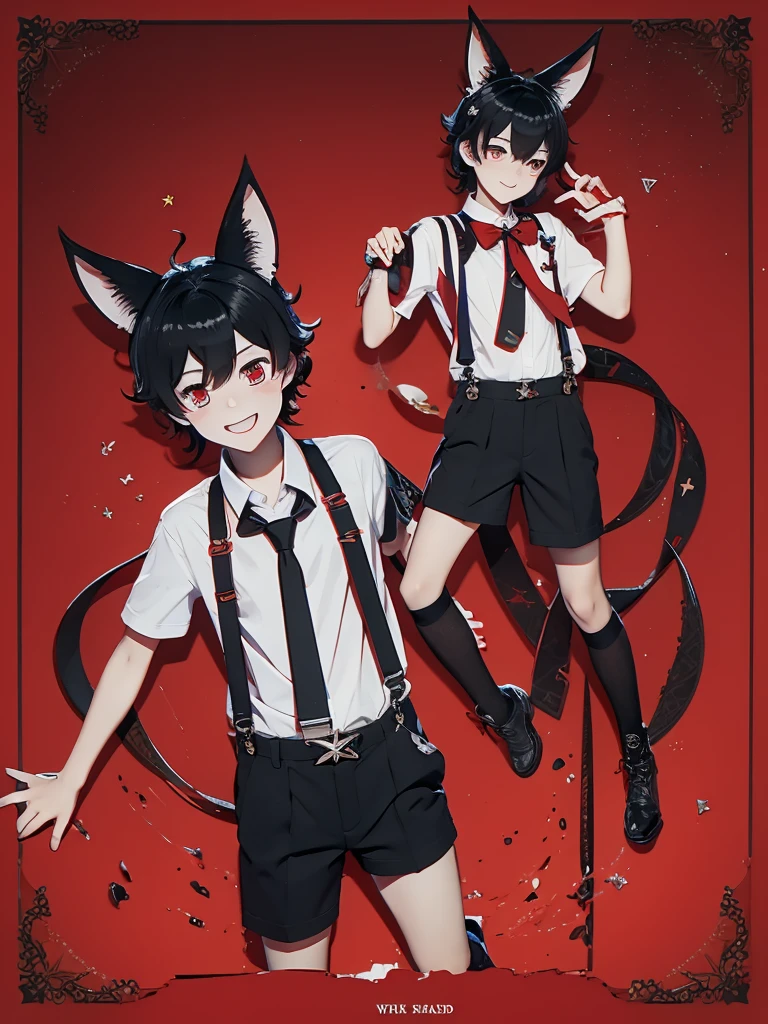 boy short messy black hair and red eyes,wildcat ears and tail,white shirt with suspenders and short black shorts with long tie 