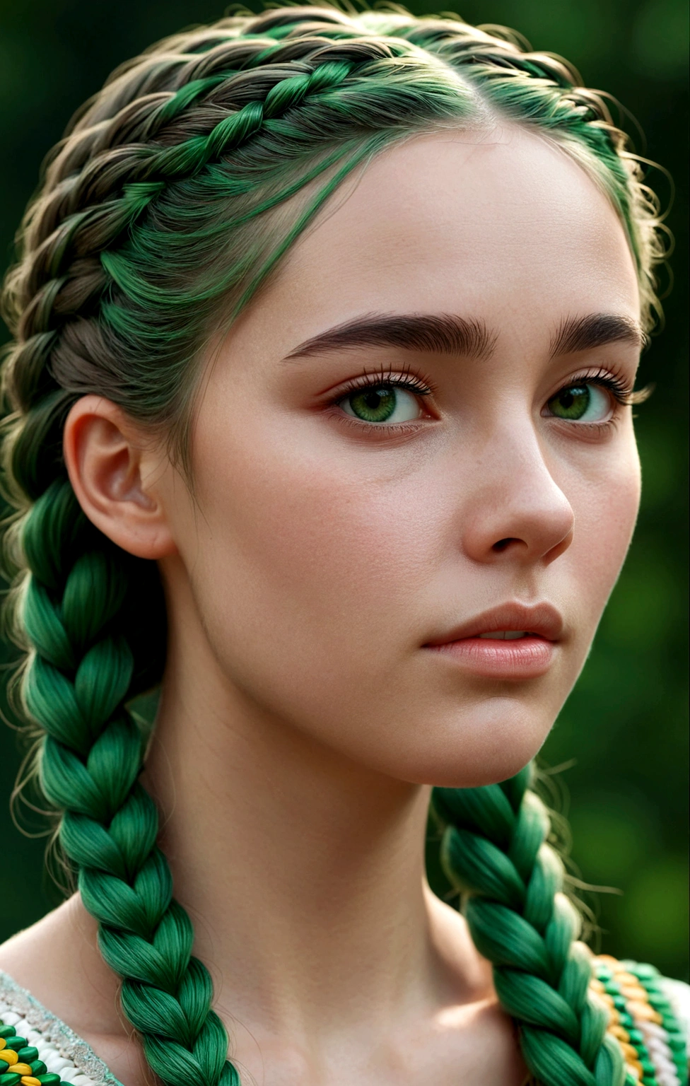 1girl, face, pixel art style, single long braid hair, green braid, close up, head and neck, intricate, super detailed, 8k