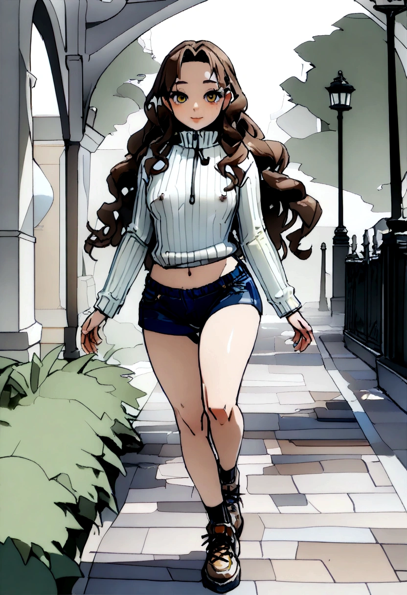 seed:4195271995,((Full Body Angle:1.1)),((Highest quality, 8K, masterpiece: 1.3)), concentrated: 1.2,前hair:1.3, Cute girl 1,Nipples erect、 Perfect beauty: 1.4,Colorful ribbed knit half-zip T-shirt、Shorts,: 1.2,Randall Color、comics&Text Graphics、Black,1.1, 非常に詳細な顔とskinの質感, Fine grain, double eyelid, 美白skin, ,Highest quality,Ultra-high resolution,you,1 girl,alone,_Shiny_skin,Iris,necklace,((brown_length_Wavy_hair)),(lips)),eyelash,前hair,deal with,compensate,Shiny,pore,skin 大きな胸、(smiling face)、前hair、Walking in the park、walk