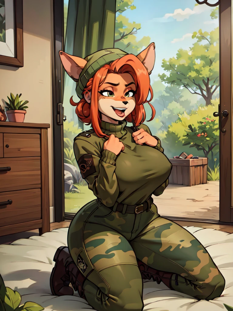 (best quality,4k,8k,highres,masterpiece:1.2),ultra-detailed,realistic:1.37,portrait, lewd anthro bandicoot futa girl redhead, braided hair, beautiful closed eyes, open mouth tongue ,sexy ,seductive, warm sweater, camouflage beanie-balaclava ,camouflage pants, army boots, smirking, cozy lighting, vibrant colors , lewd sexy girl anthro futanari , sweater, camouflage beanie, camouflage pants, army boots,