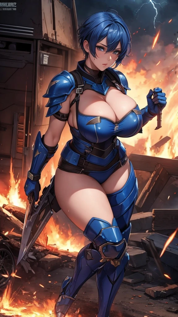 Full body armor shattered，Blue short hair，Beauty，Sexy，Large Breasts，In battle，Sweat，fire，lipstick，Wave hairstyle，lightning