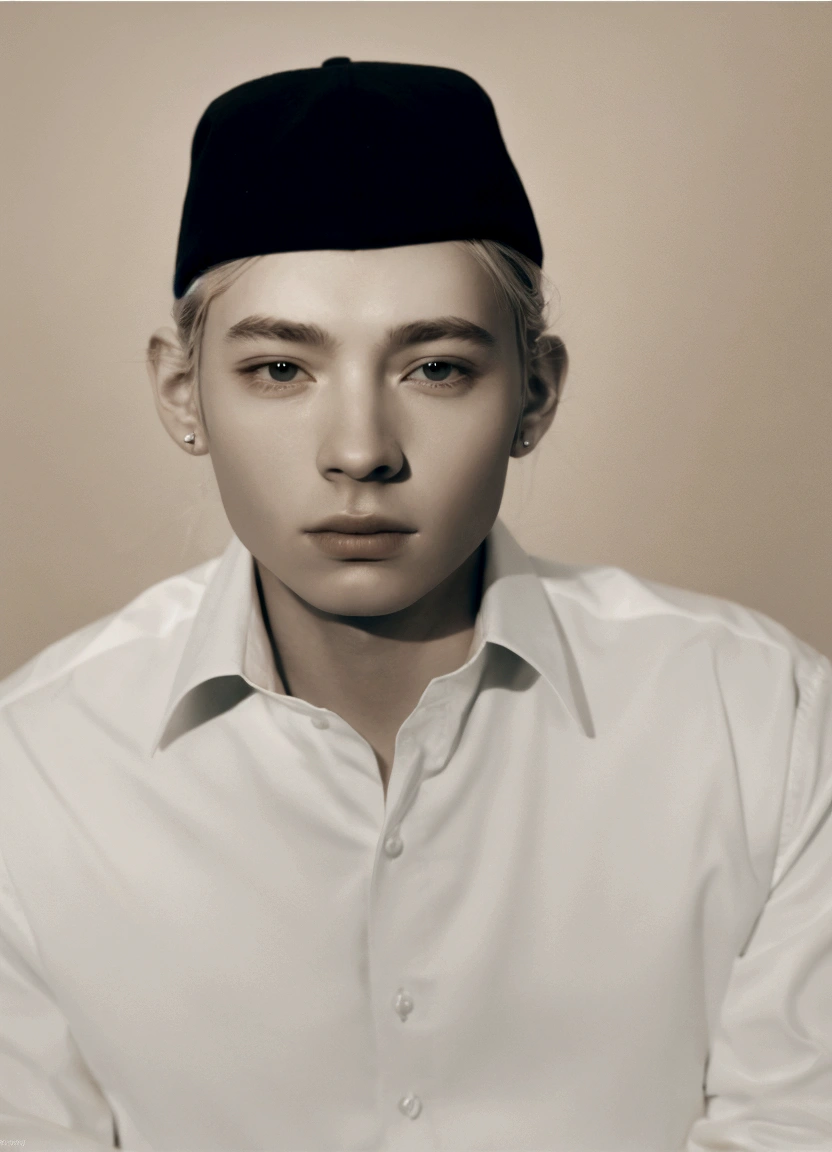 arafed portrait of a man with a black hat and white shirt,