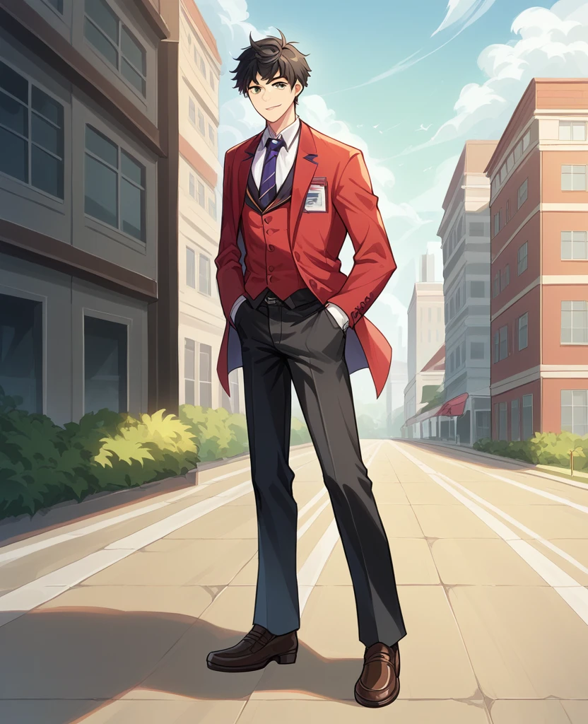 score_9, score_8_Excellent, score_7_Excellent, sauce_Anime BREAK 1 Boy, alone, Male Focus, Part 1 Lian, Black Hair, , Red Blazer, tie, Black trousers, Outdoor, Are standing, Put your hands in your pockets, View your audience, smile