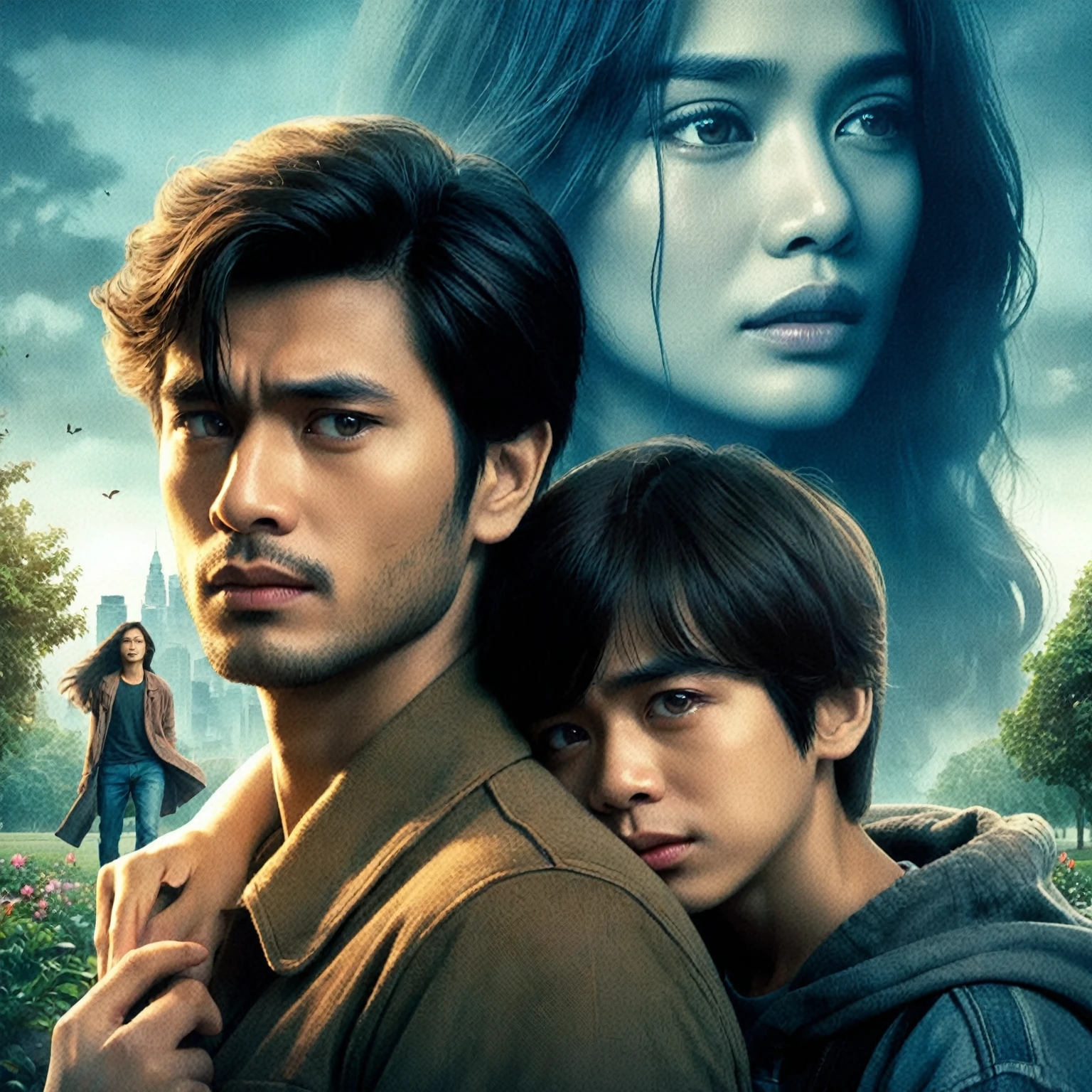 romantic Indonesian film poster, about long distance love, close up shot of a man and a 10 year old boy walking in a park while hugging, in the background there is a woman with long hair crying while looking at the two of them, they are gaze at the camera, focus on faces, stunning depiction of a realism surreal film poster, stunning abstract background with the shadow of a city, dark blue cinematic lighting, photorealistic, realistic human, UHD 1536px, high quality photos.