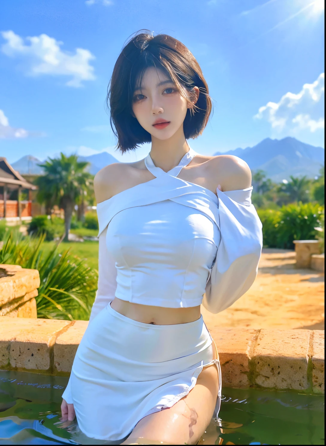Beautiful woman with perfect figure:1.4,Swimming background,Desert Background,Ultra-high resolution,Seductive laughter,wear glasses,White legs,(lifelike:1.4),Layered Hairstyle,White skin,Black mini pleated skirt,whole body,Very delicate face and skin texture,Double eyelids,Skin Whitening,Long hair,White hair,White,