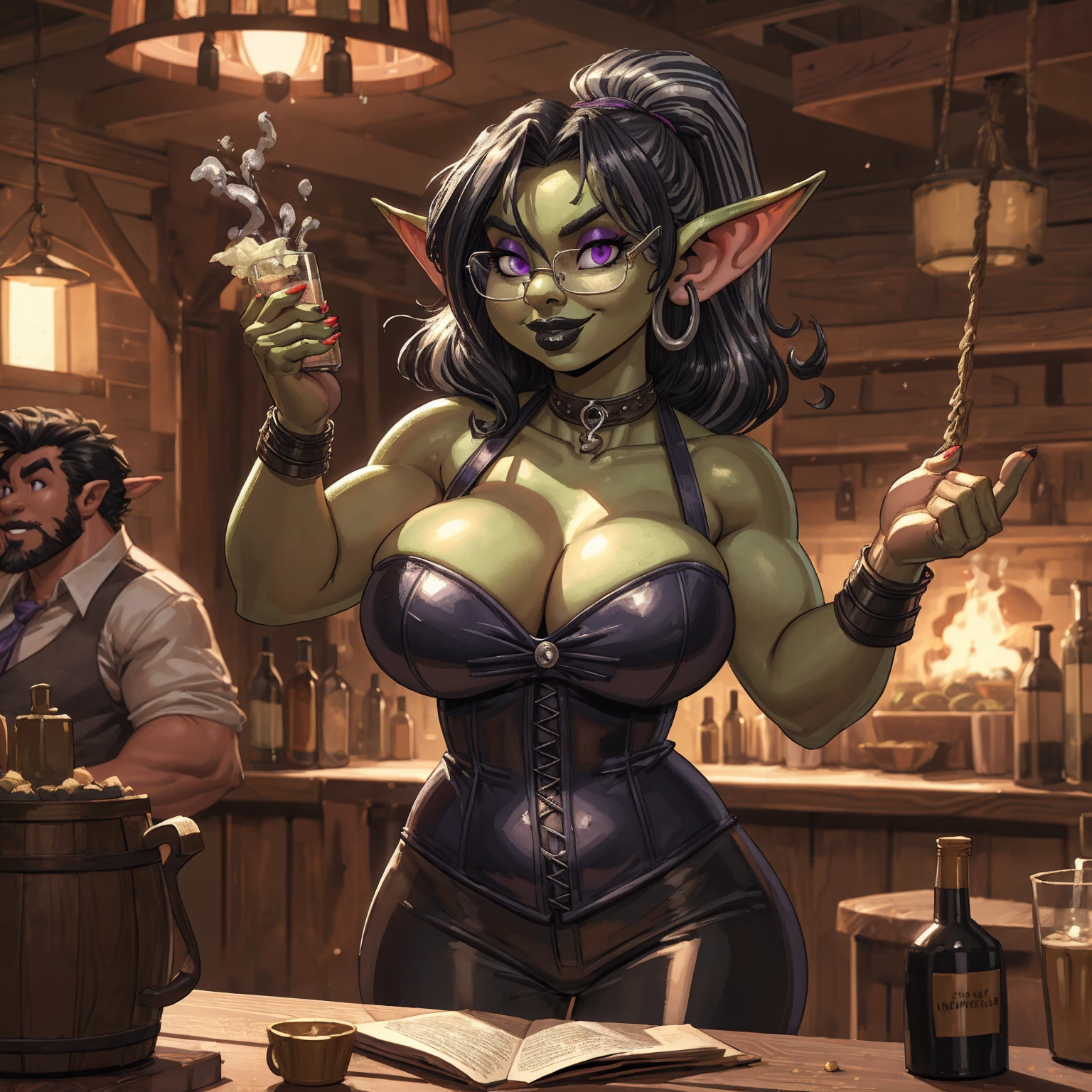 by kevinsano, by boosterpang, by jollyjack, solo, 1girl, goblin, female, older woman, (glasses:1.4), (purple eyes), slender face, curvy, voluptuous, (black hair:1.1), (silver streaks in hair:1.2), (green skin:1.2), (large breasts), (heavy breasts:1.2), milf, black corset, leather pants, cleavage, Masterpiece, best quality, absurd res, highly detailed, tavern environment, seductive smile, big lips, black lipstick, eyeshadow, standing upright, casual pose, short,