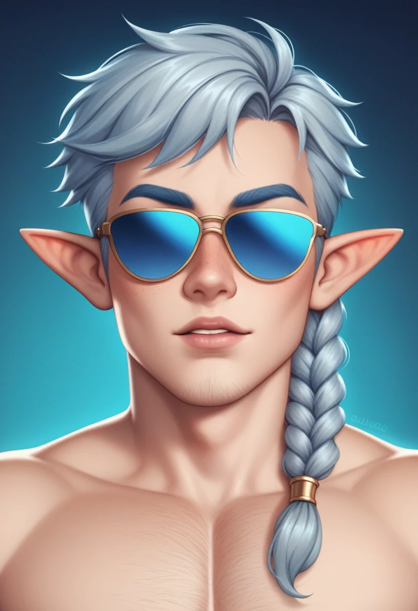 A 17-year-old male elf with an ectomorph build, light olive skin, and long, iridescent hair that shimmers between shades of turquoise and lavender, styled in an elaborate braid. His diamond-shaped face is captivating, with almond-shaped eyes that glow a vibrant, unnatural green, adding an otherworldly charm. His lips are thin, subtly tinted a pale blue, set beneath a small, aquiline nose that gives him a regal look. His narrow, high-arched eyebrows are silver, catching the light and adding to his ethereal appearance. The unique features of his face are accentuated by a delicate pattern of luminescent freckles that sparkle softly in the dark, creating an enchanting, almost magical aura around him. He is dressed in a flowing, midnight-blue mantle adorned with intricate silver embroidery, which shimmers like starlight, adding to his mystical and enchanting presence.