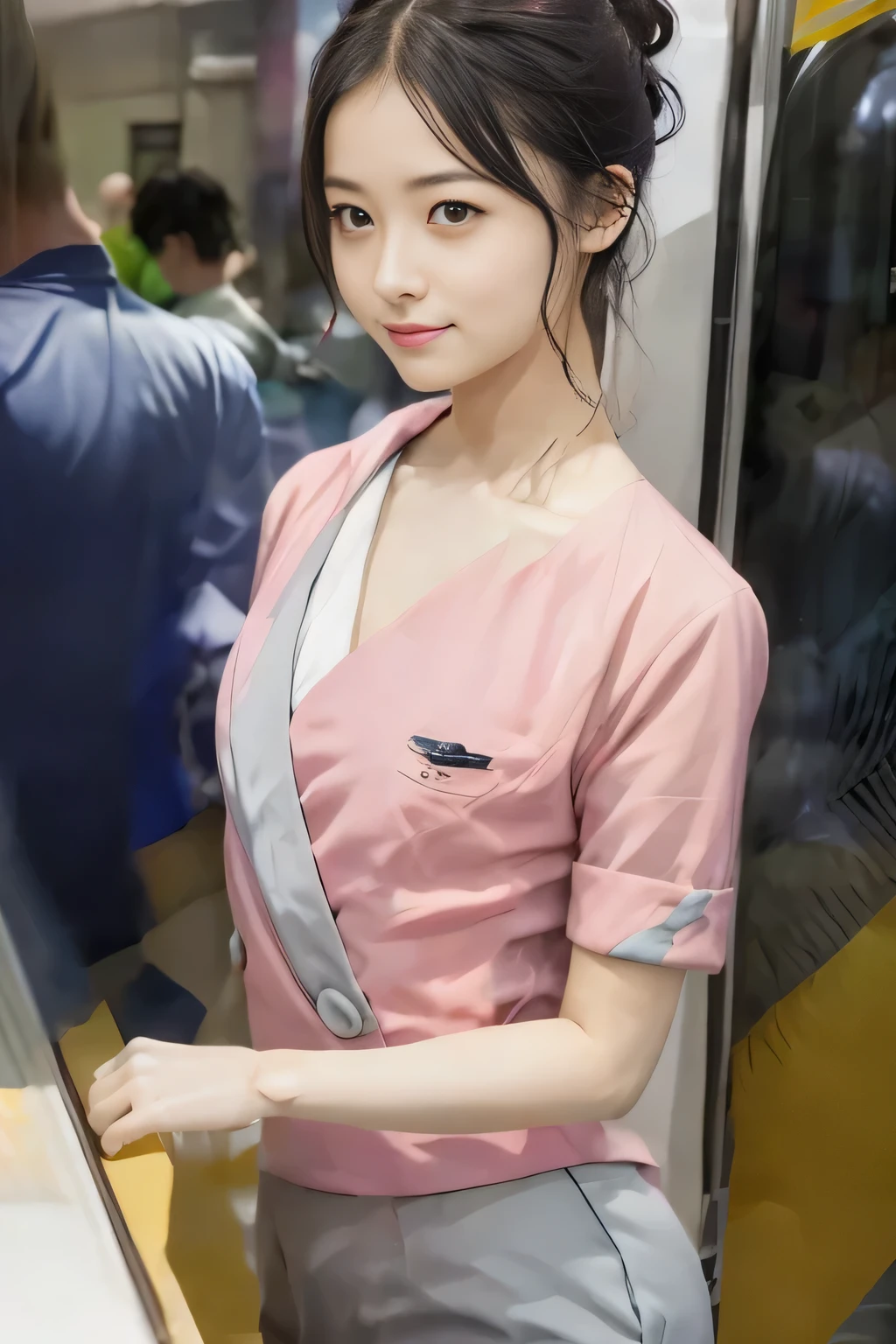 (masterpiece:1.2, Highest quality:1.2), 32k HDR, High resolution, (alone、1 girl)、 (Height: 160cm)、（On the rooftop of a building in the daytime、Professional Lighting）、Building rooftop background、（Nankai train crew uniform pinkを着たリアルスタイル）、（Nankai train crew uniform pink short sleeve collarless pink jacket、Nankai Train Crew Uniform Pink Collarless Short Sleeve Blouse、Nankai Train Crew Uniform Pink Grey Knee-length Culottes）、（The pink jacket is showing from the culottes.）、Dark brown hair、（Hair tied up、Hair tied up、Evening curly hairstyle）、Dark brown hair、Long Shot、Big Breasts、Thin legs、（（Great hands：2.0）），（（Harmonious body proportions：1.5）），（（Normal limbs：2.0）），（（Normal finger：2.0）），（（Delicate eyes：2.0）），（（Normal eyes：2.0））)、smile、（Nankai Train Crew Uniform Pink Grey Knee-length Culottesを見せた美しい歩く姿）、Place your hands around your stomach