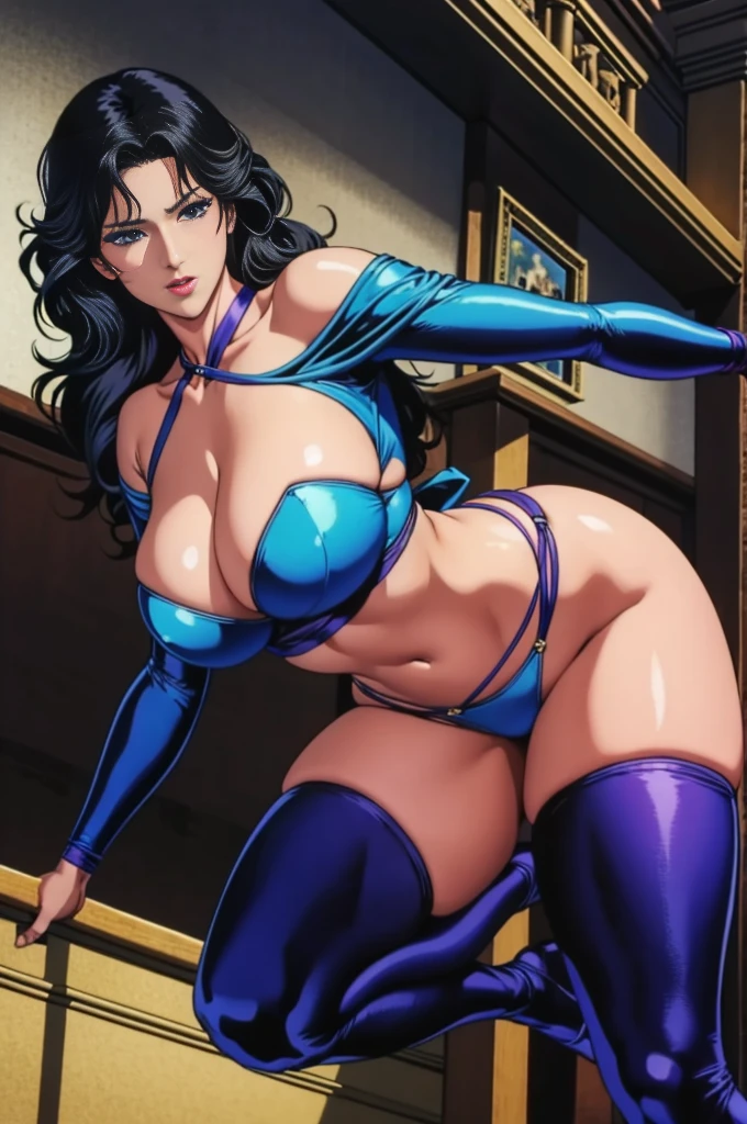 ((masterpiece)), Highest quality, Very detailed, Absurd, 8K, wonderful, Very detailed, The finer details, Browsing Caution, (Very complicated:1.2), (Very delicate), Very detailed, RuiKisugi, 1 Female, Long Hair, Wavy Hair,Voluminous Hair ,Black Hair, eyelash, blue eyes, lipstick, Purple bodysuit, Strapless, No sleeve, Green sash, One girl, (whole body:1.2), (Finding_stance:1.3), Very detailed face, Nice fine detail, Perfect Eyes, Fascinating eyes, Beautiful attention to detail, Small Mouth, Fascinating_smile, Mature Woman, Mature Woman, Body with nine heads, thin, compensate, Big Breasts, (museum:1.3), (Urzan-6500-v1.1), Detailed fingers, Perfect hands, Length 180cm,Small face,sweating, Soft thighs,Sexy legs,Sexy ass, Cleavage,Open the chest,Angle from below,(Low angle shot:1.1),((Amazing orgasm)),赤いlipstick, whole body写真撮影,大きなSexy ass, Perfect Body Proportions, Slim waist,Nipples visible,Tight waist,(Long legs:1.2),Wearing high heels,Shiny skin,G-Cup,(Rope Bondage:1.4),((Put your arms behind your back)),Tied up woman,Beautiful Hands, Pay attention to her beautiful legs, Cleavage,Open the chest,Rui Kisugi,Rui Kisugi,